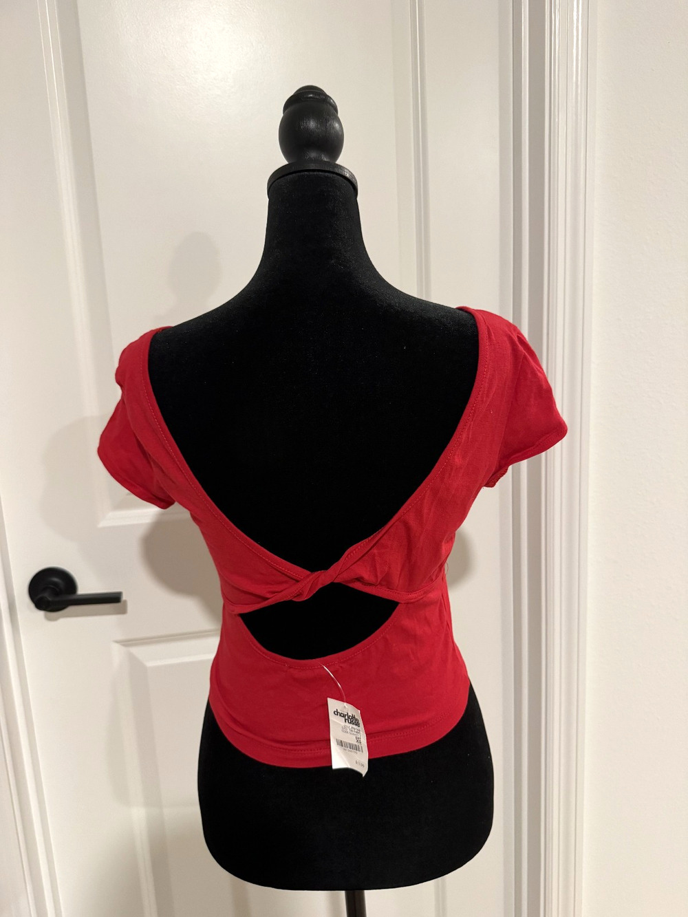 Y2K Charlotte Russe Womens XS Red CrissCross Back Knit Cap Sleeve Top Scoop Neck